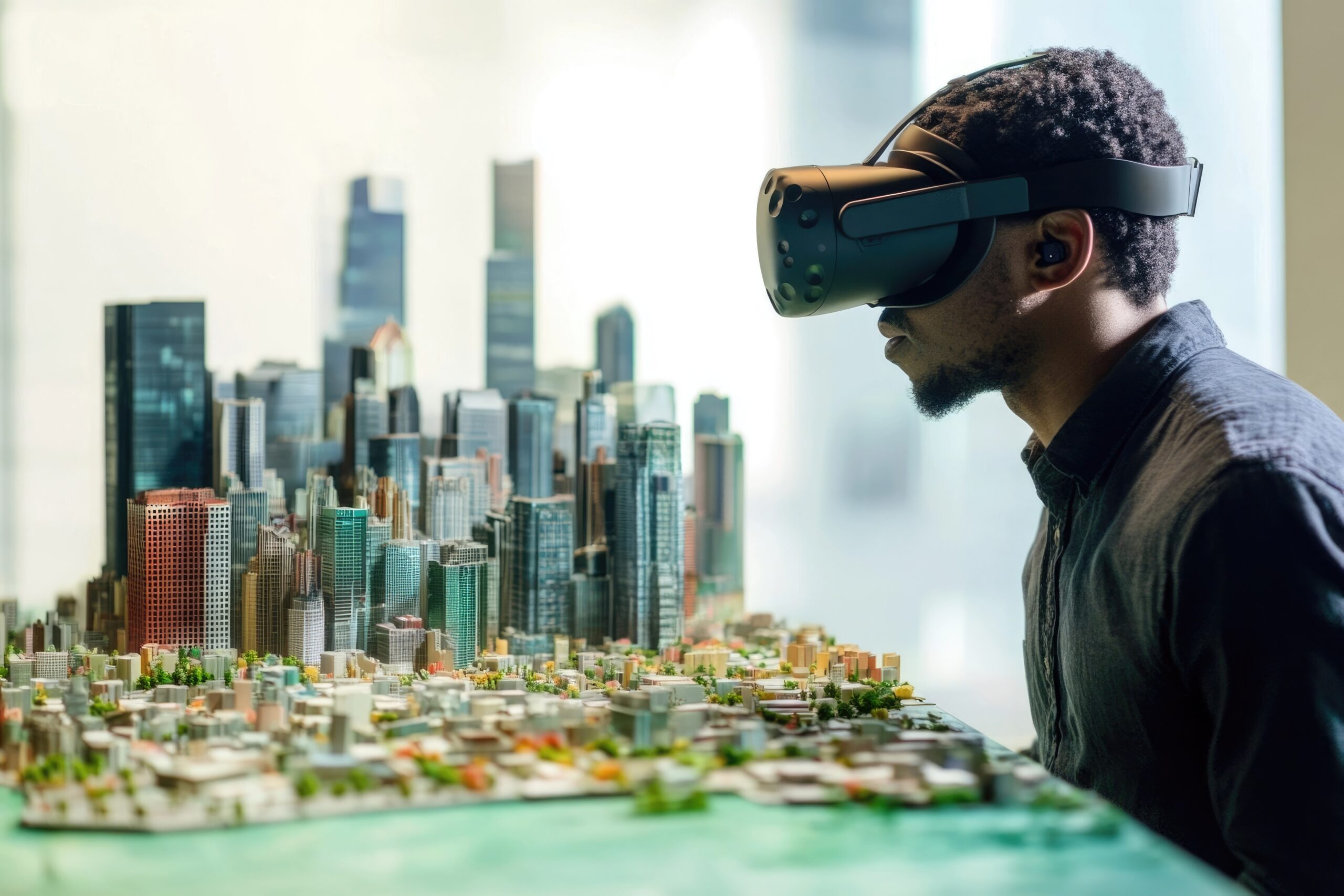 A person wearing a VR headset examines a detailed model of a city, experiencing urban planning virtually.